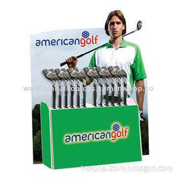 Promotional Paper Floor Display Stand, Unique Structure, Golf Ball Arm, Customized Size and Design
